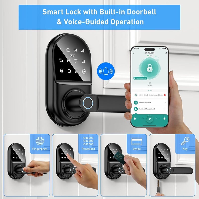 Bog fang Smart keypad Door Lock with Handle，Fingerprint Keyless Entry Digital Lock with Built-in doorbell for Front Door,Bedroom,biometric Door knob,with Gateway Remote APP Control - Image 2